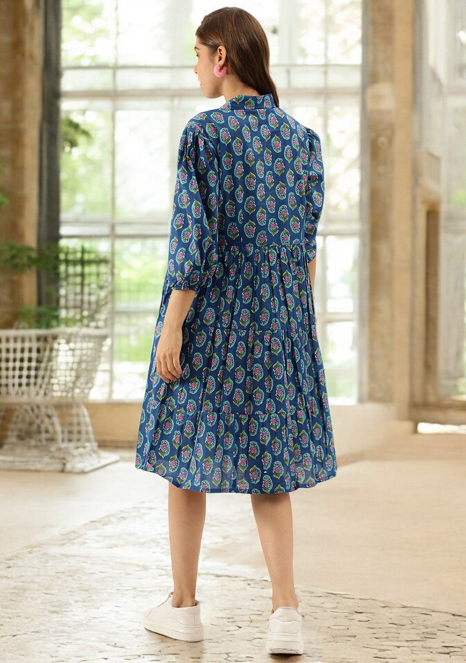 Blue Paisley Printed Cotton Dress for Women