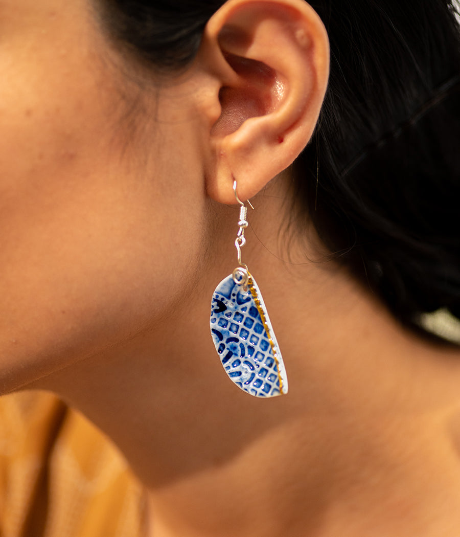 Intricate Blue Hemisphere Porcelain Earrings