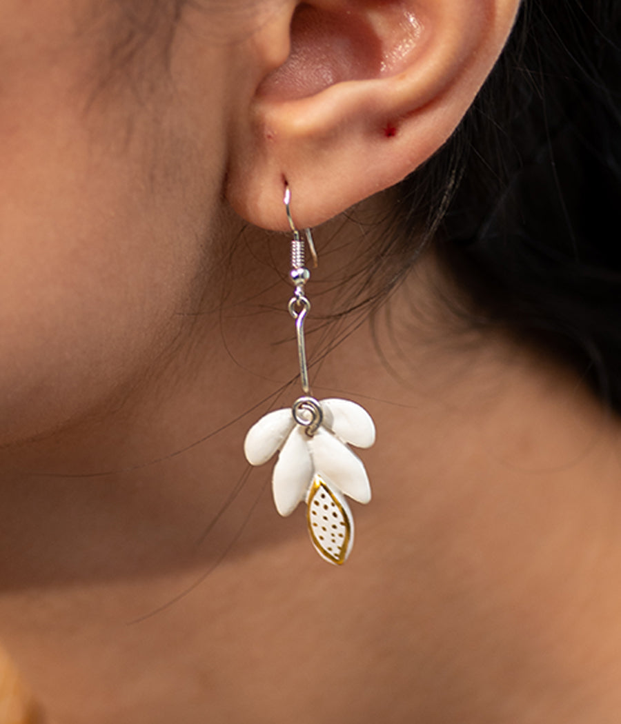 White Dottted Leaf Porcelain Earrings