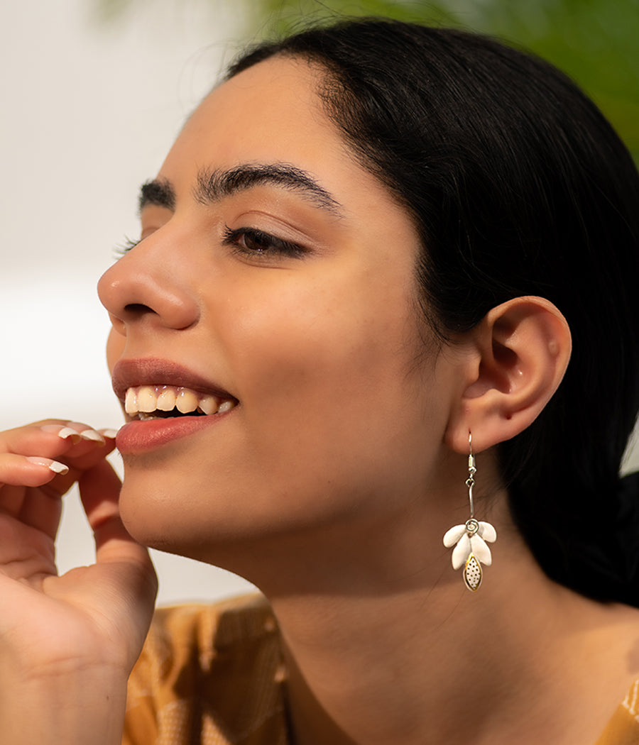 White Dottted Leaf Porcelain Earrings