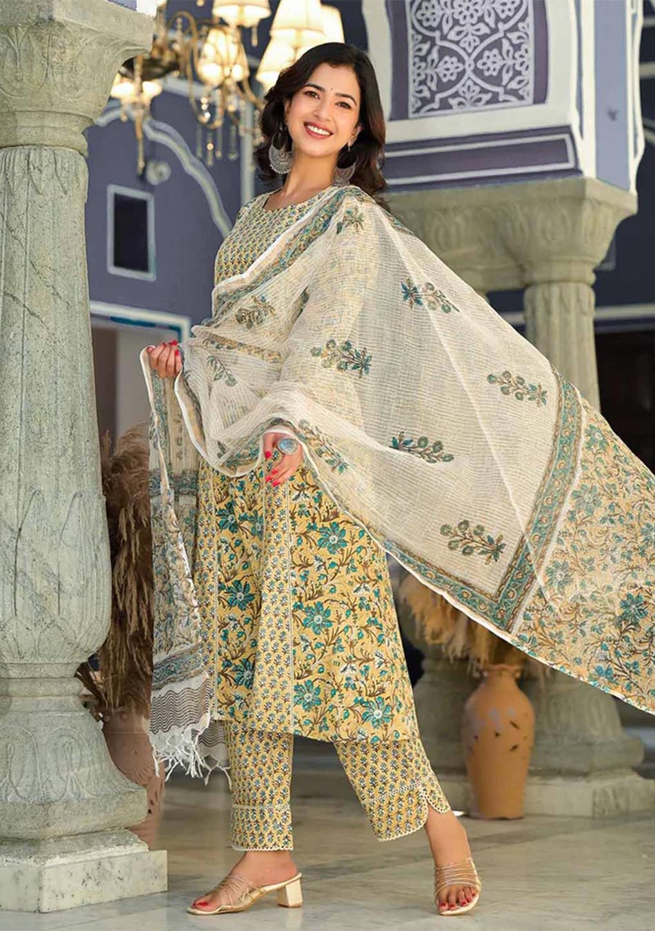 Citrus Breeze Handblock Print Suit Set with Kota Dupatta