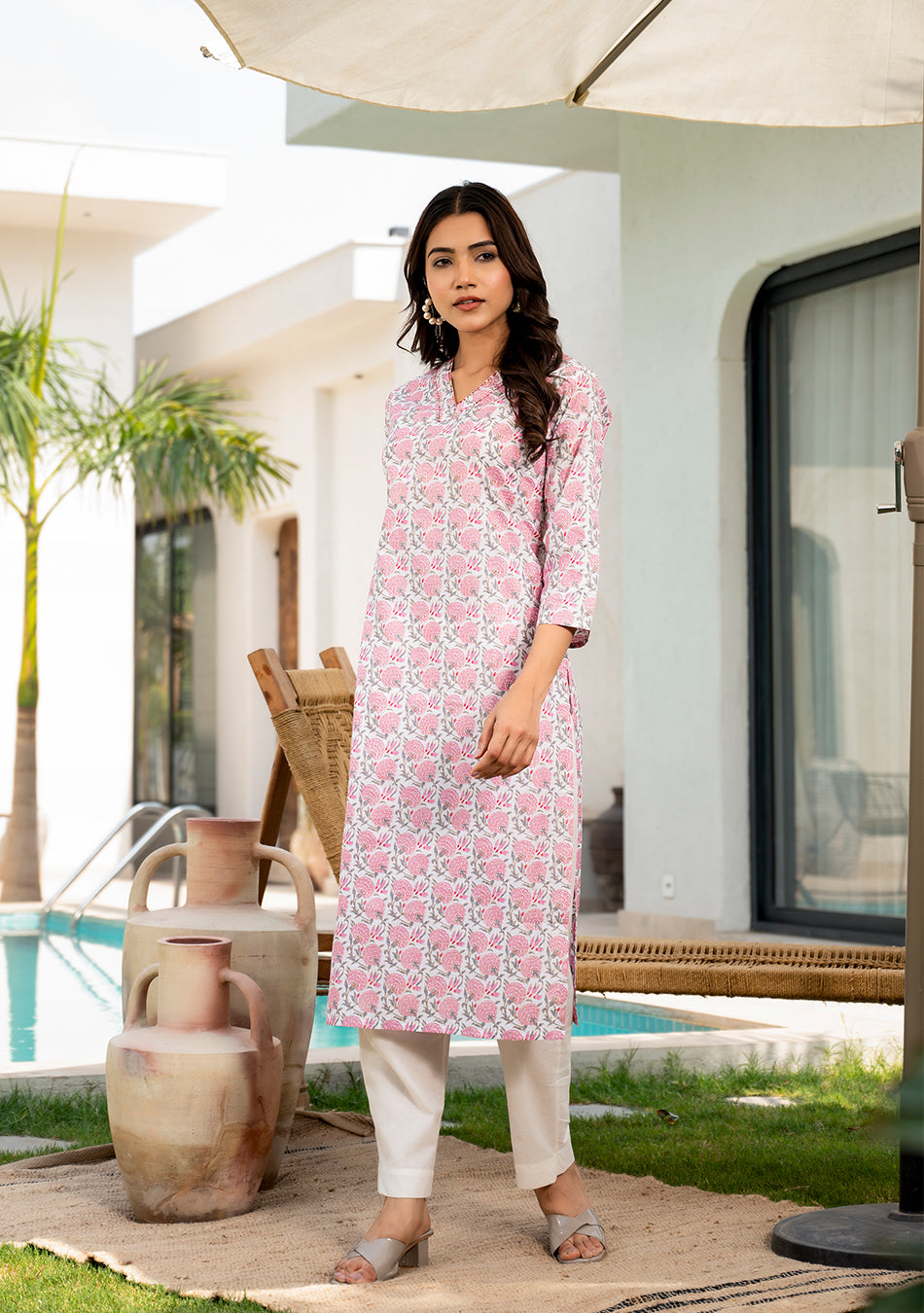 Pink Blossom Print Kurta