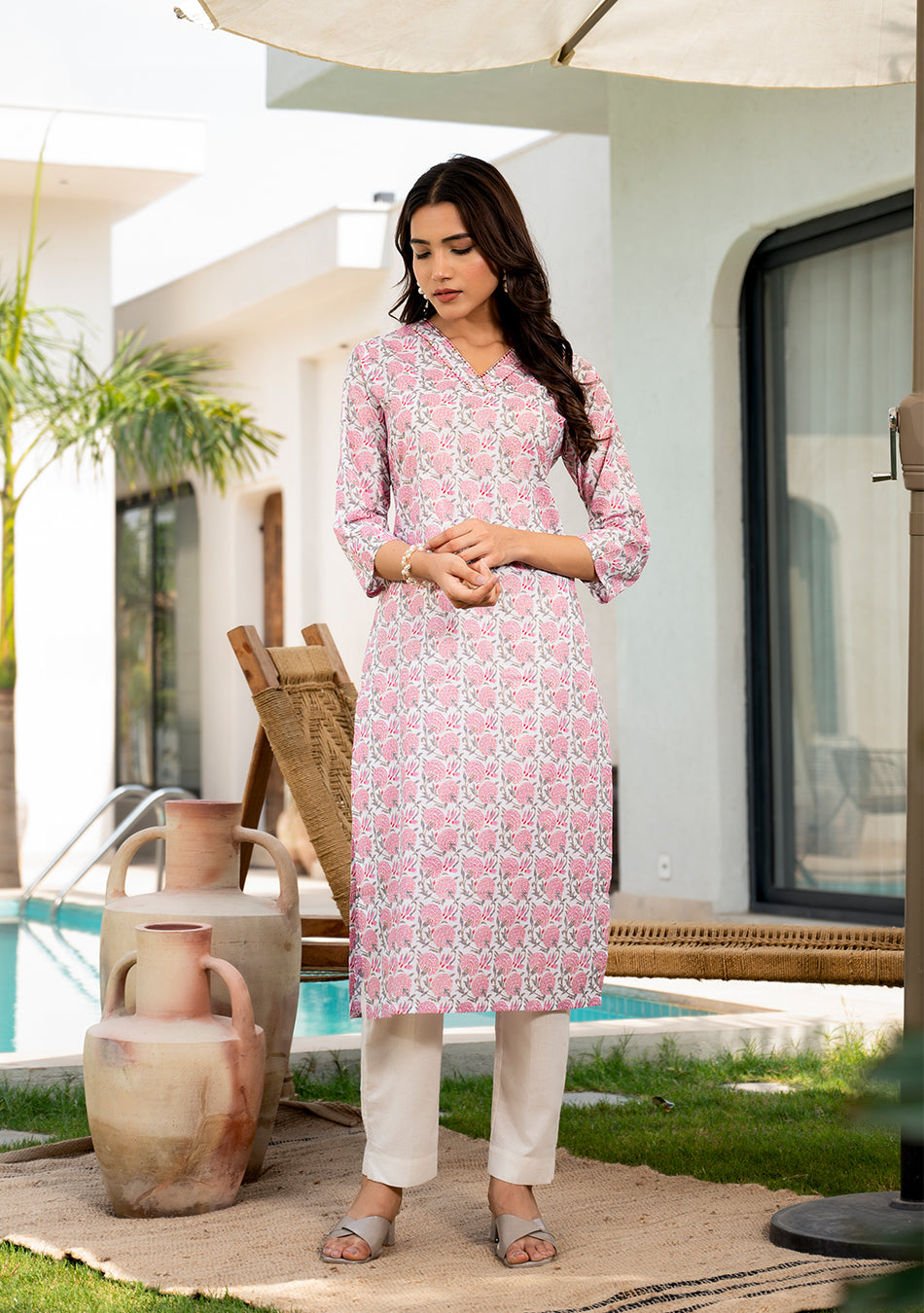 Pink Blossom Print Kurta
