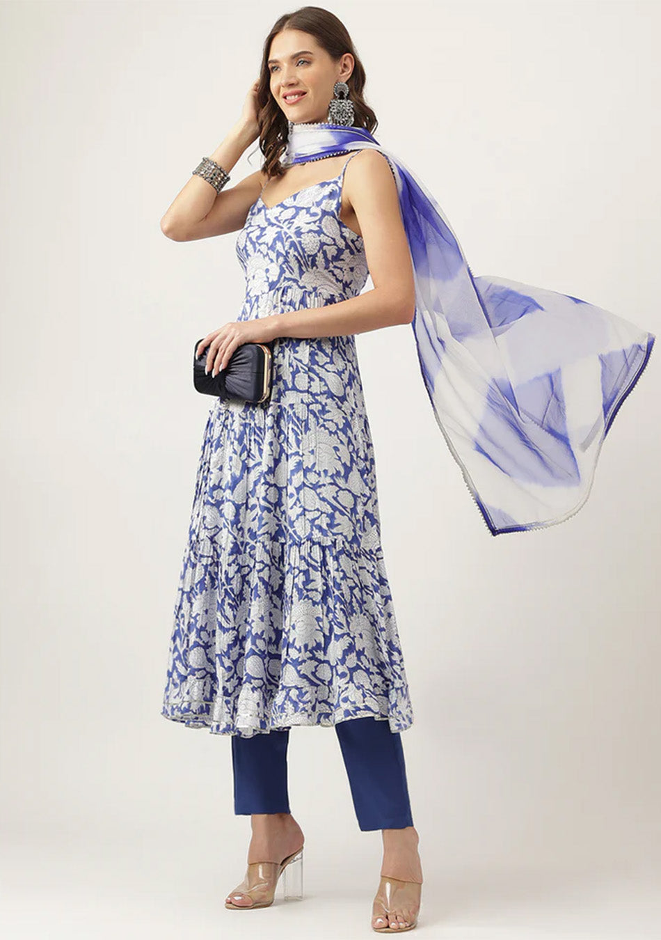 Blue Muslin Floral Printed Kurta, Trouser with Dupatta Set
