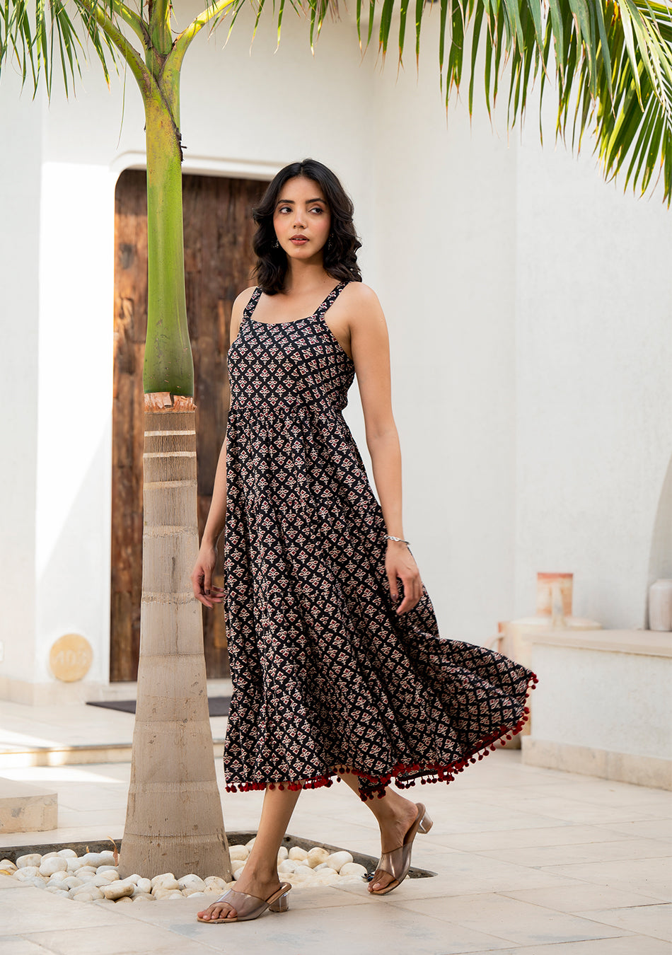 Black Floral Printed Shoulder Strip Long dress