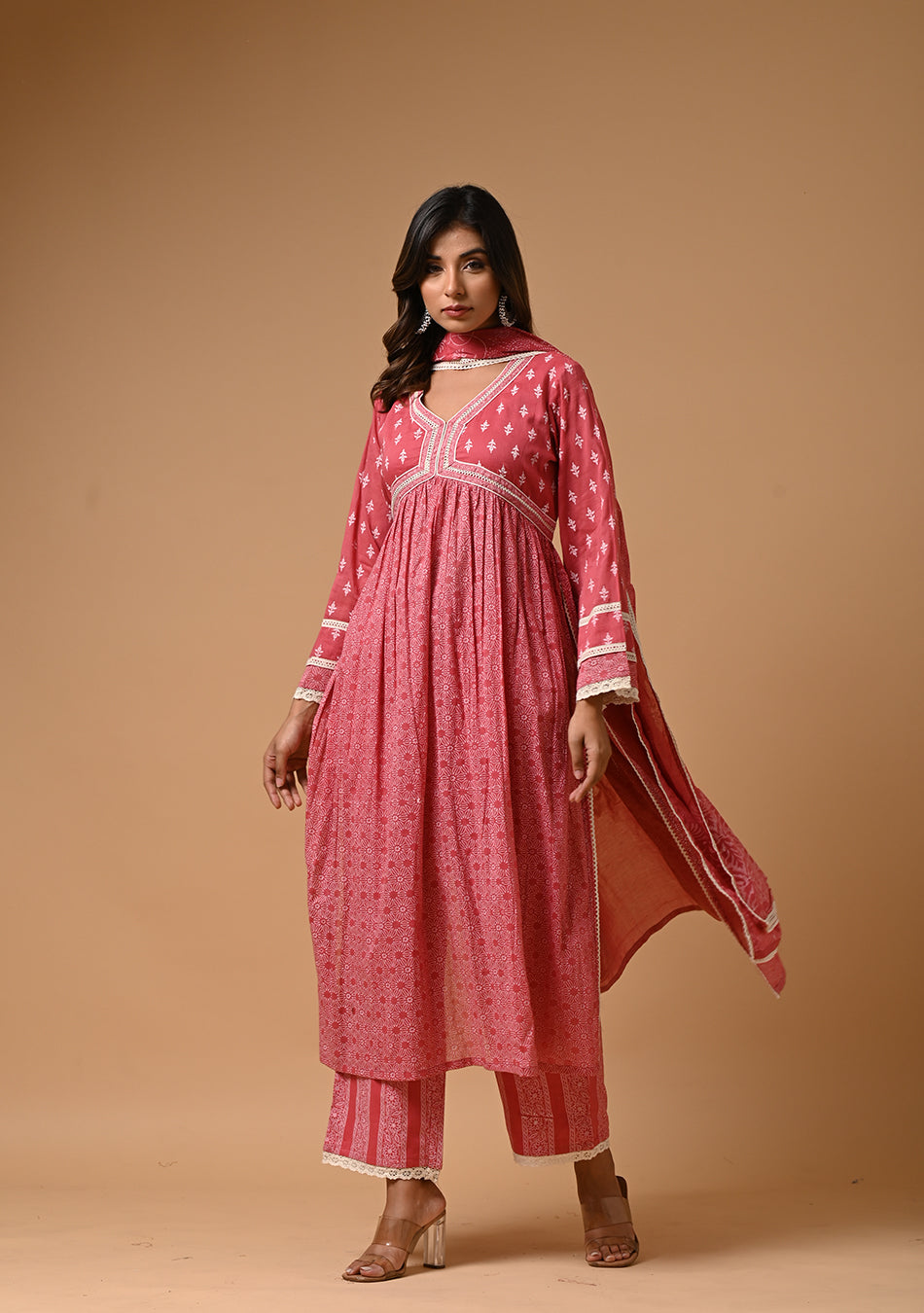 Pink Khadi Print Anarkali Suit