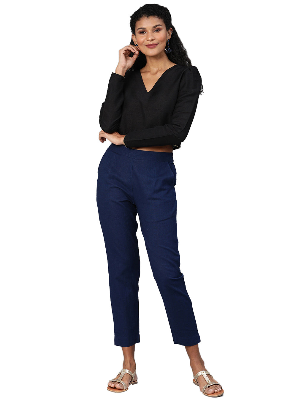 Navy Blue Straight Fit Solid Regular Trousers