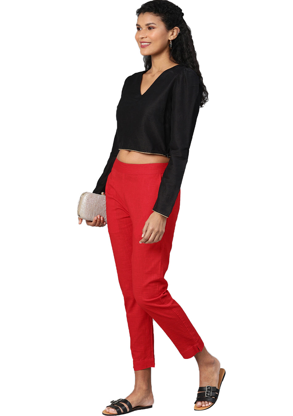 Red Straight Fit Solid Regular Pant