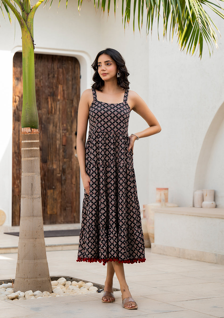 Black Floral Printed Shoulder Strip Long dress