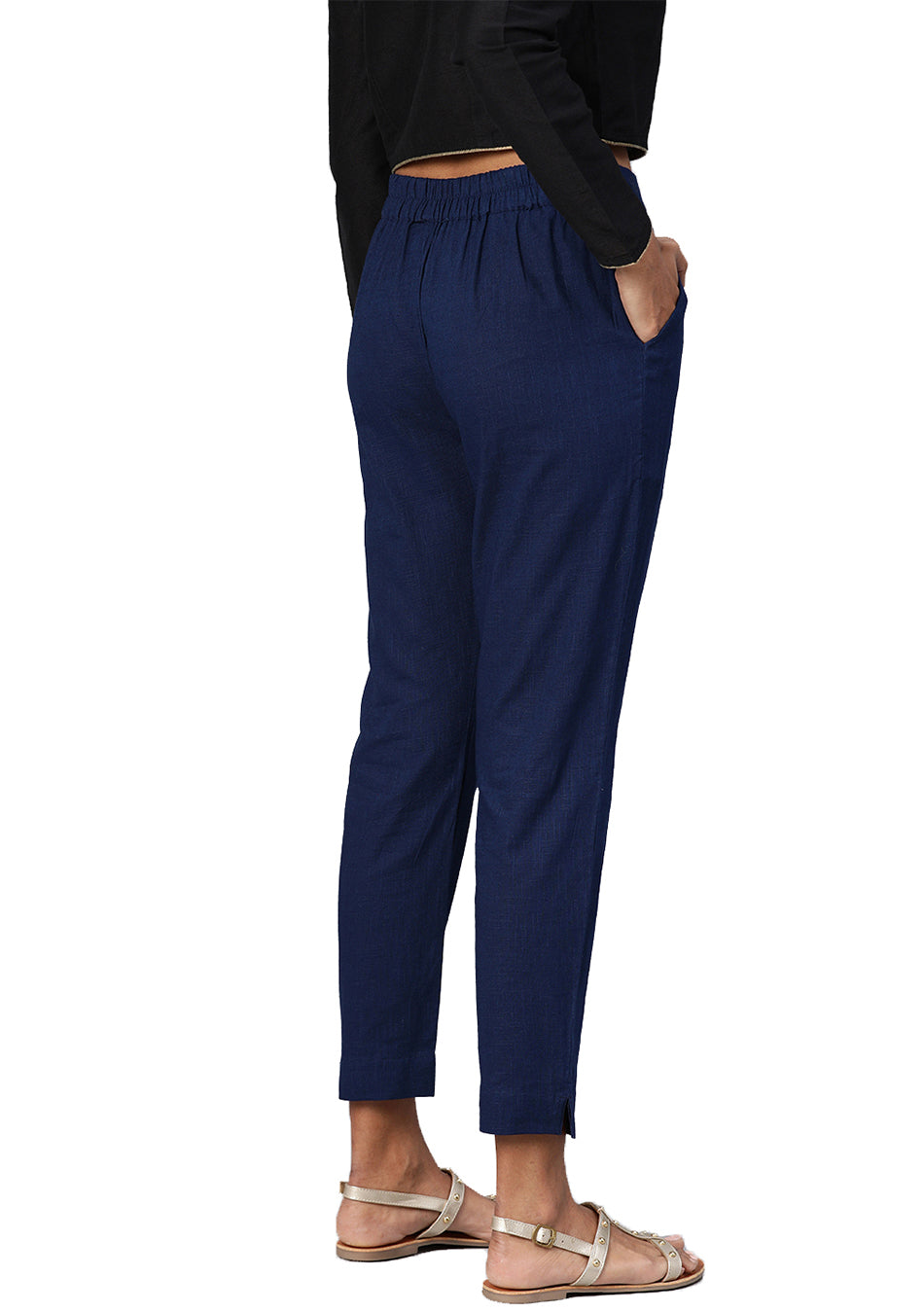 Navy Blue Straight Fit Solid Regular Trousers