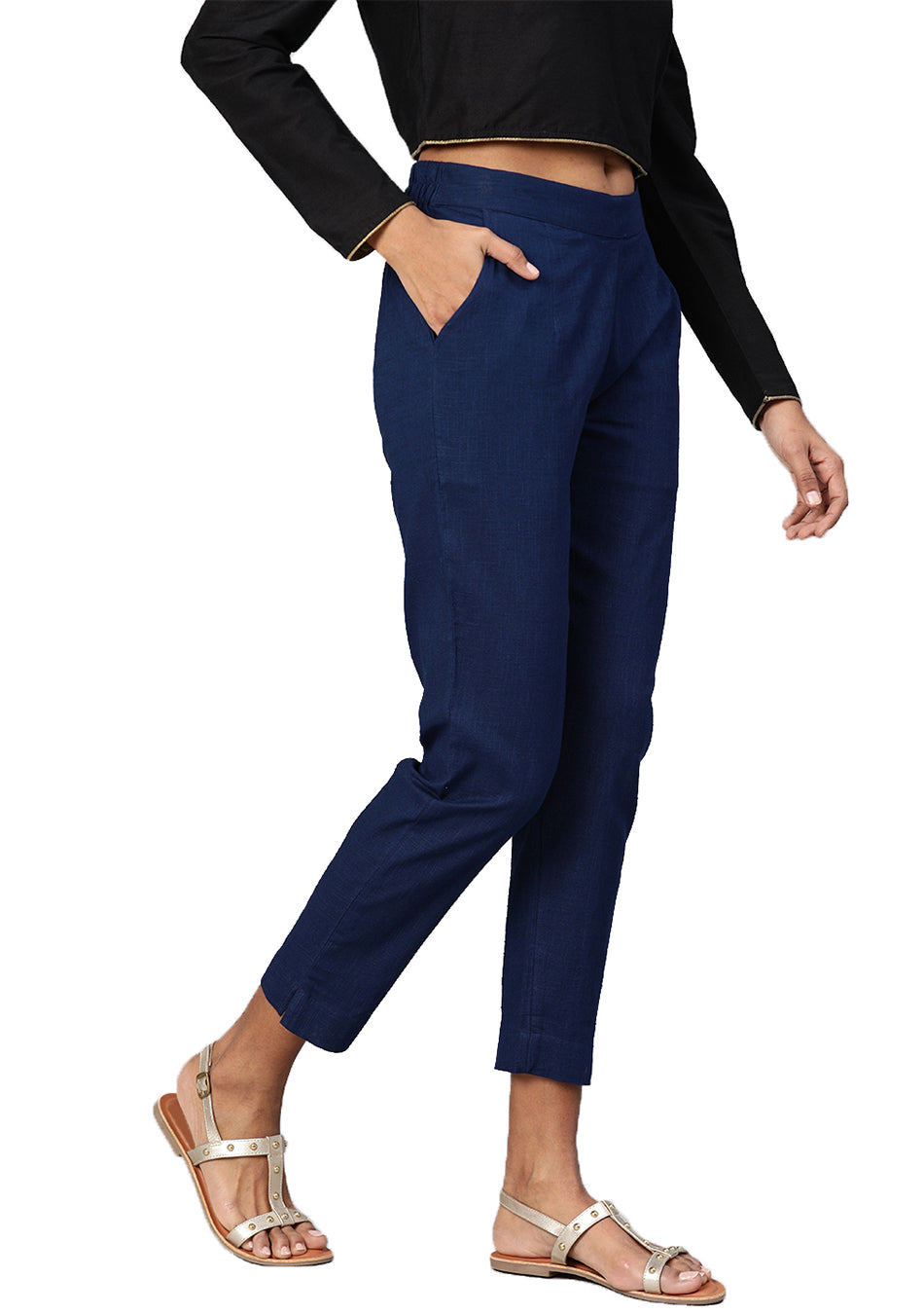 Navy Blue Straight Fit Solid Regular Trousers