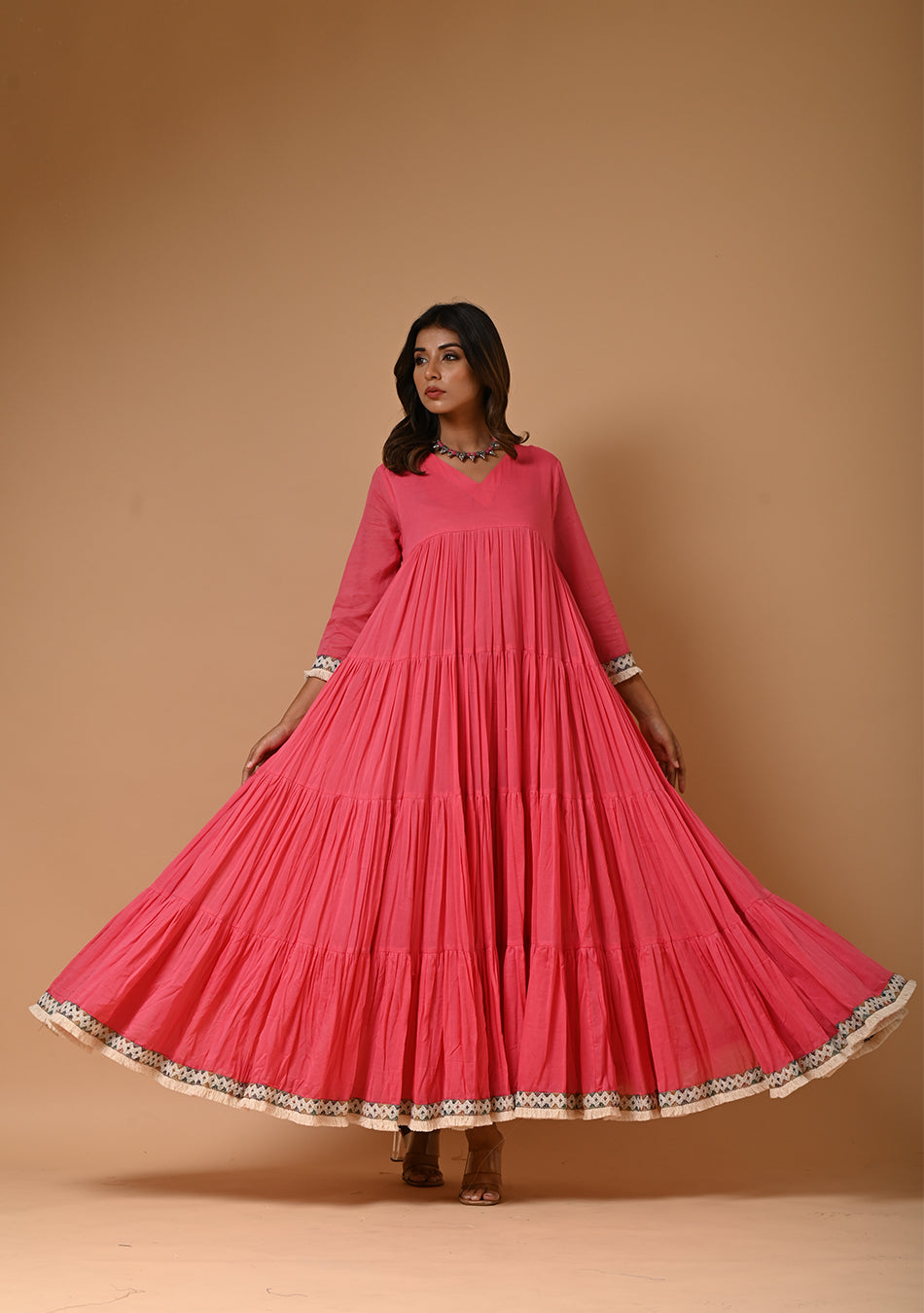 Dark Pink Voil Tiered Dress