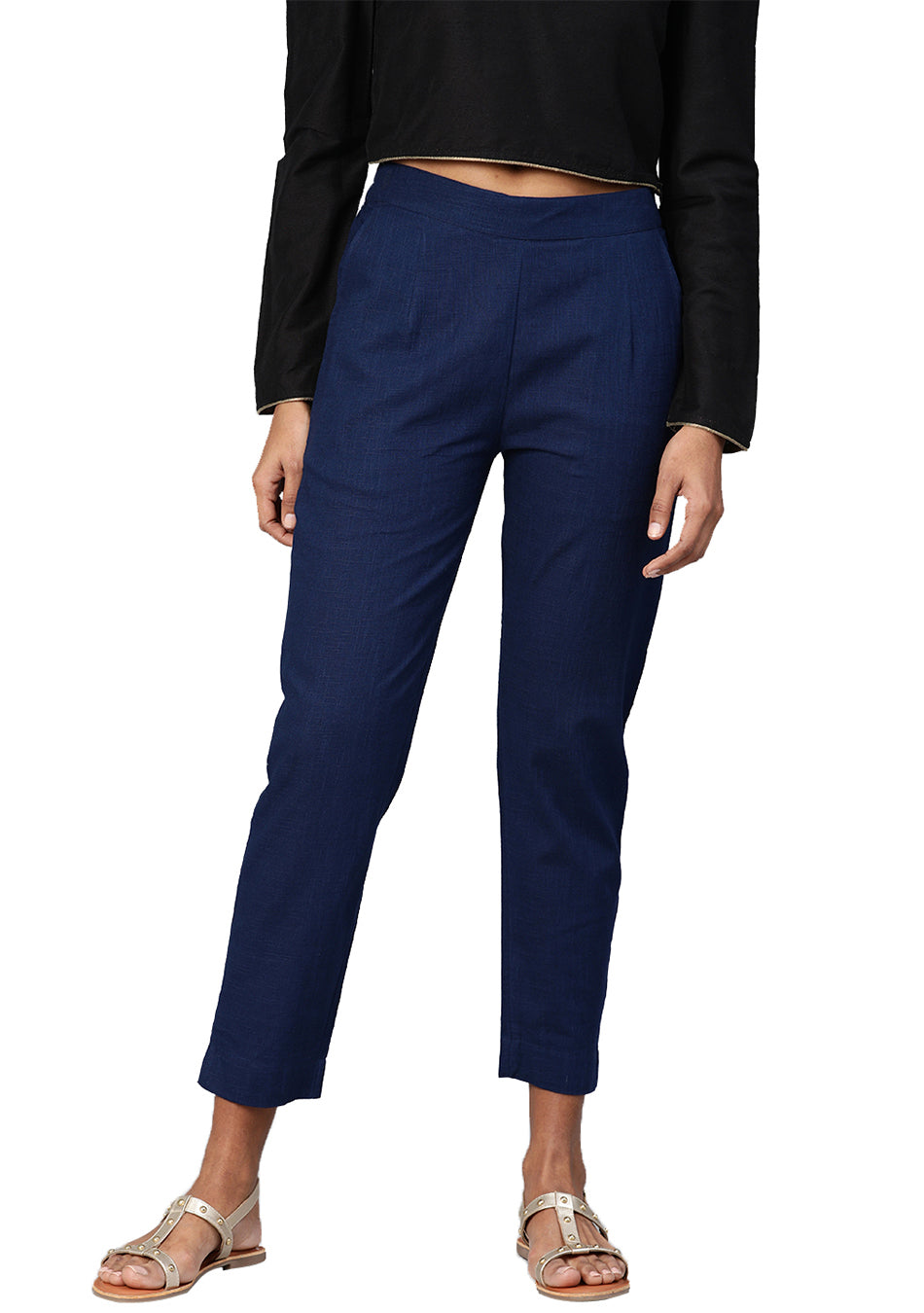 Navy Blue Straight Fit Solid Regular Trousers