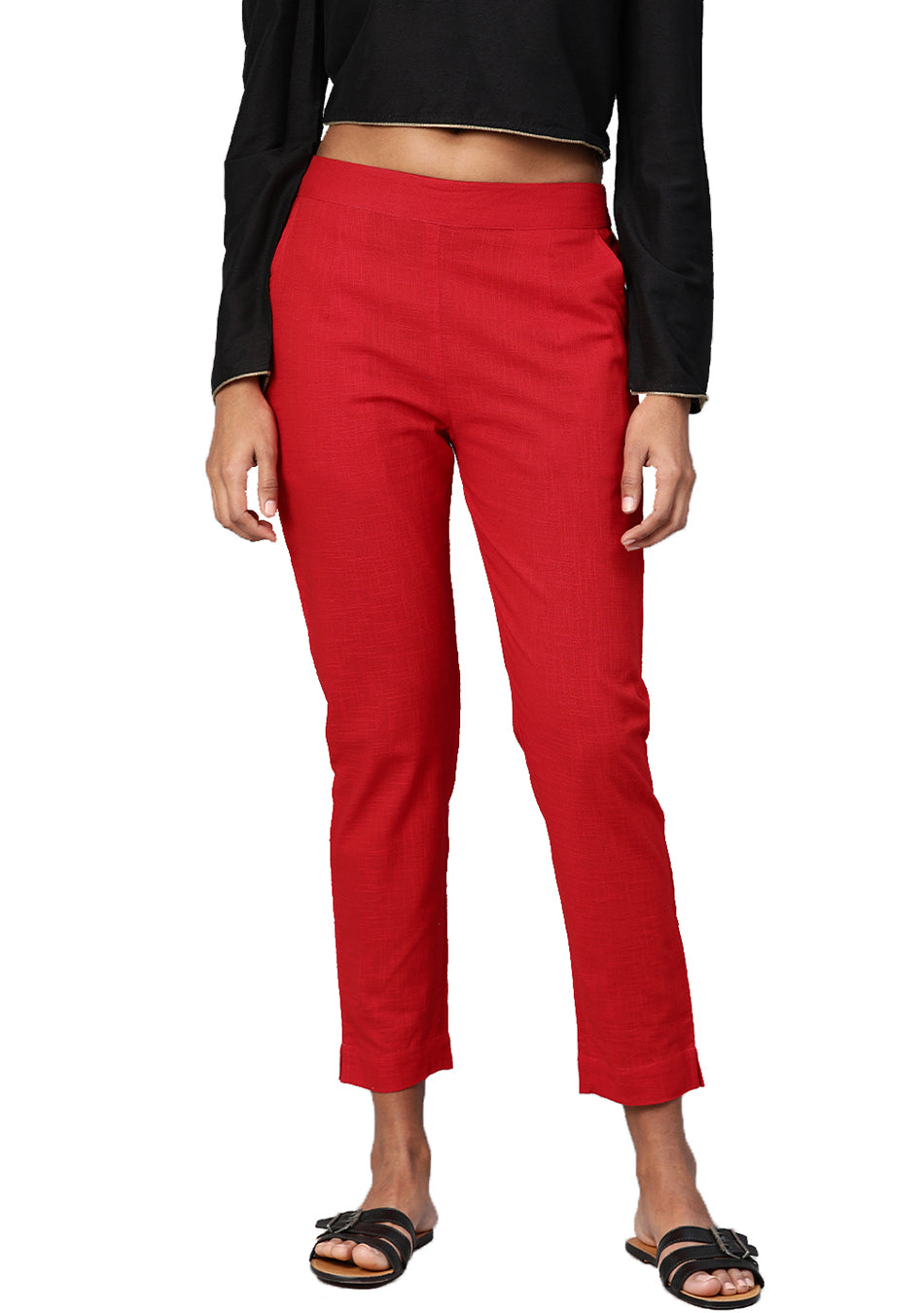 Red Straight Fit Solid Regular Pant