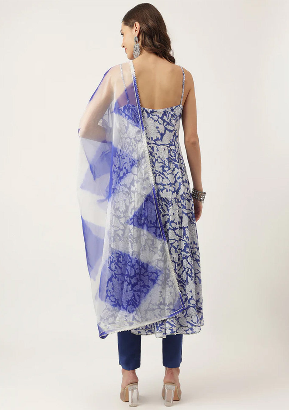 Blue Muslin Floral Printed Kurta, Trouser with Dupatta Set