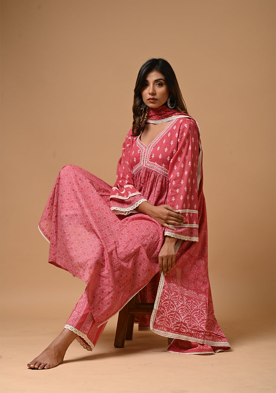 Pink Khadi Print Anarkali Suit