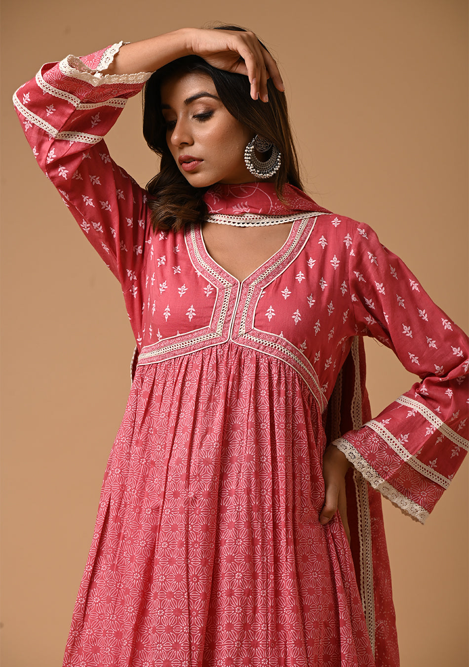 Pink  Khadi Print Anarkali Suit