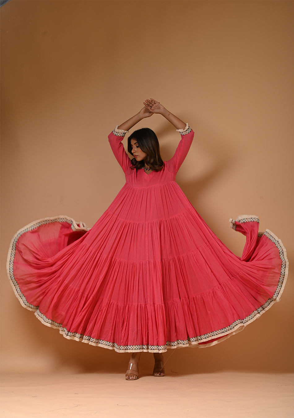 Dark Pink Voil Tiered Dress