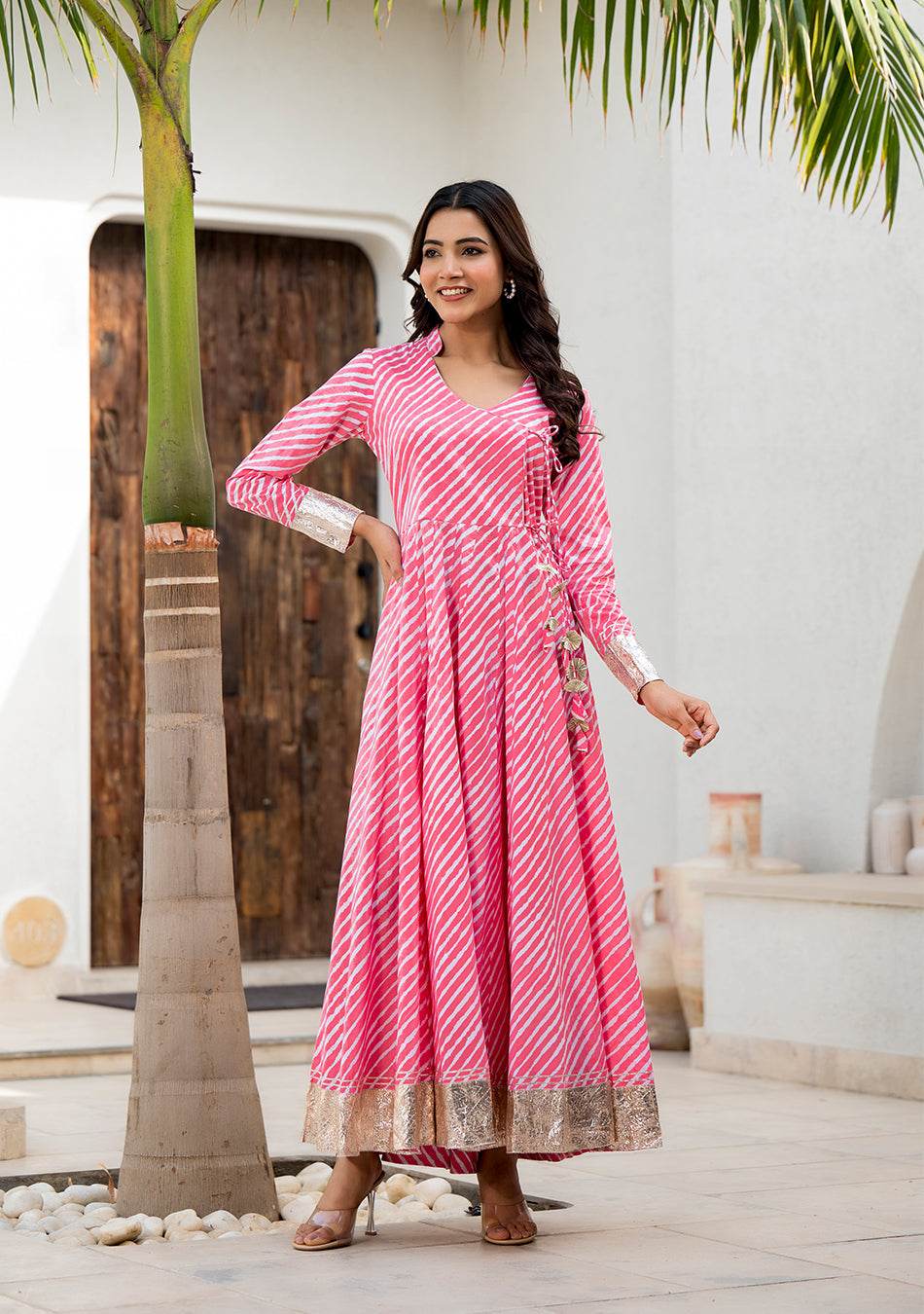 Pink Leheriya Cotton Anarkali With Copper Lace