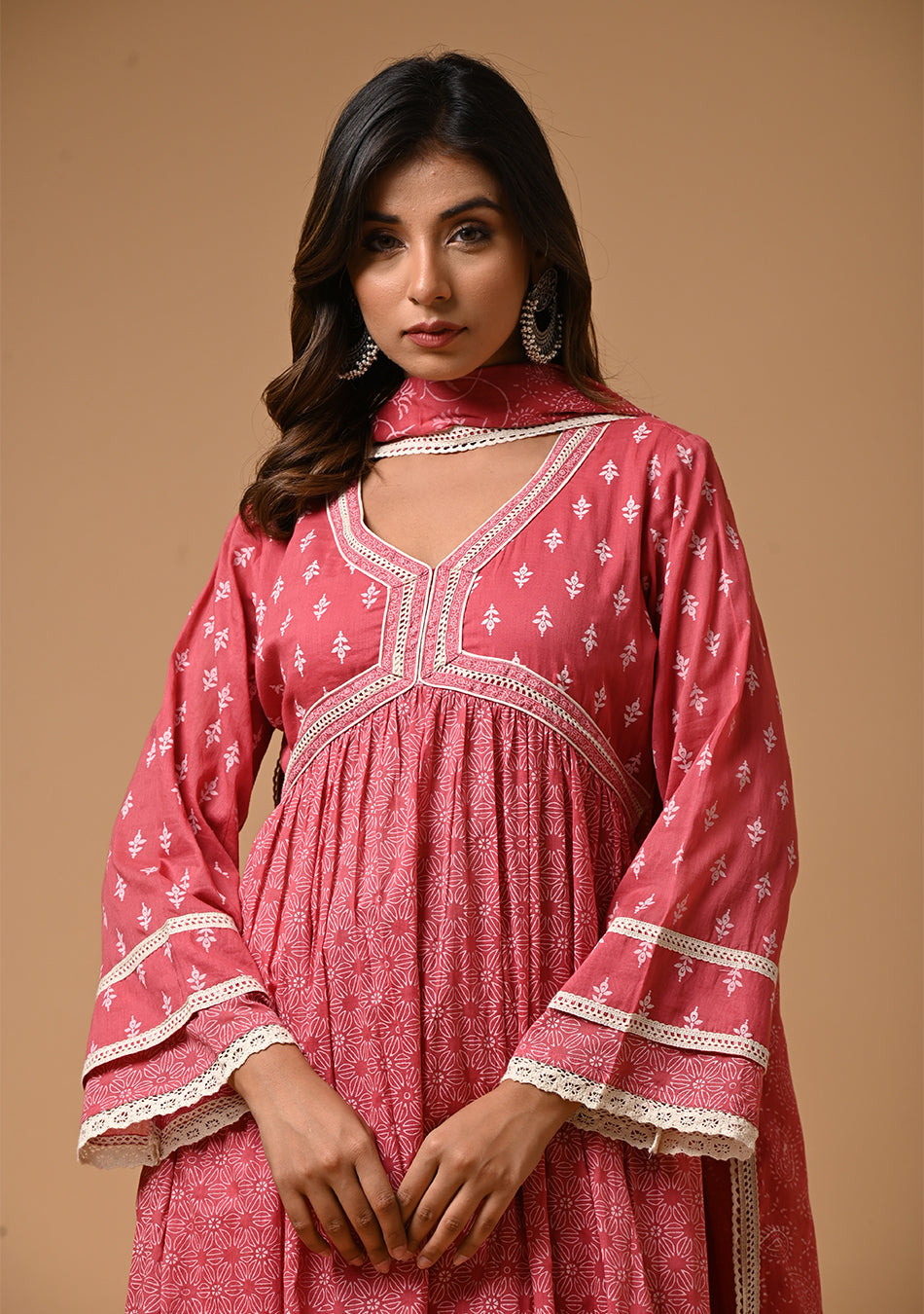 Pink  Khadi Print Anarkali Suit