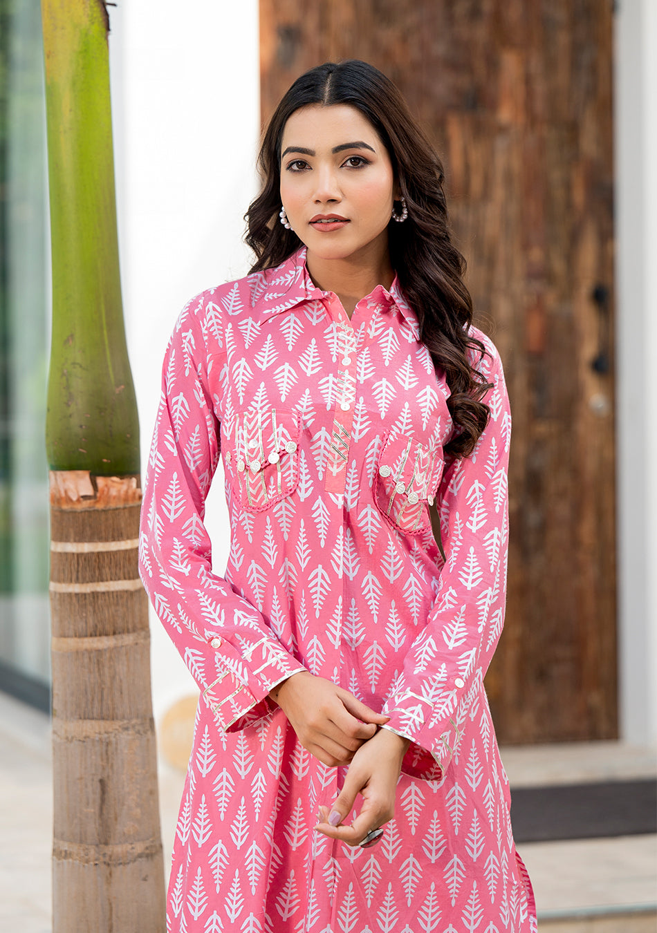 Pink Cotton Shirt Style Kurta Hem Cuffed Pant Co-ord Set