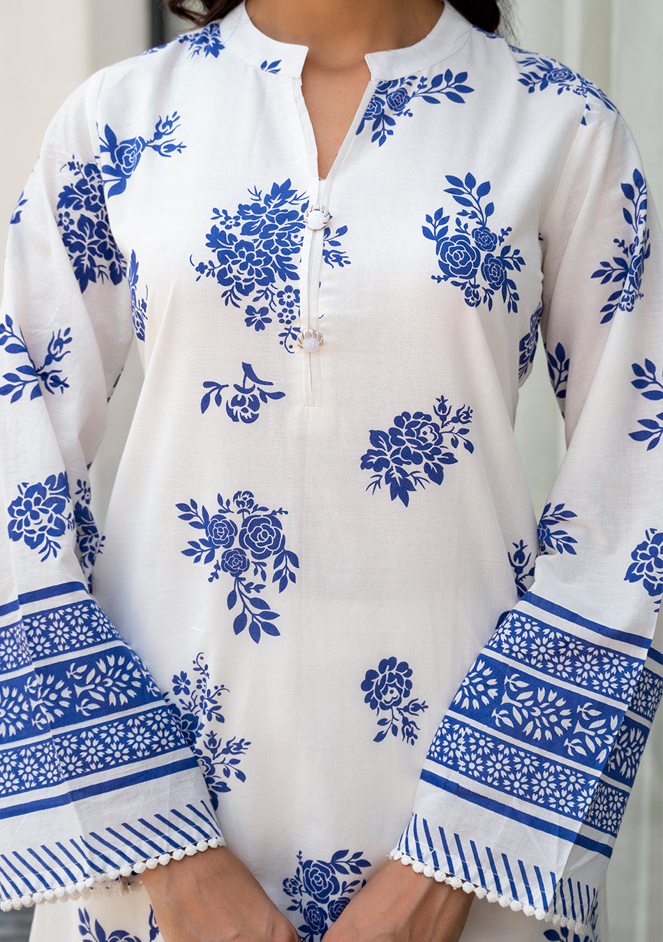 White Floral Printed Straight Kurta With Tulip Pant