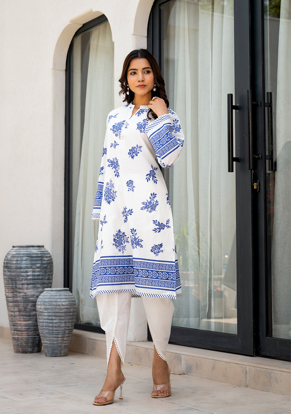 White Floral Printed Straight Kurta With Tulip Pant