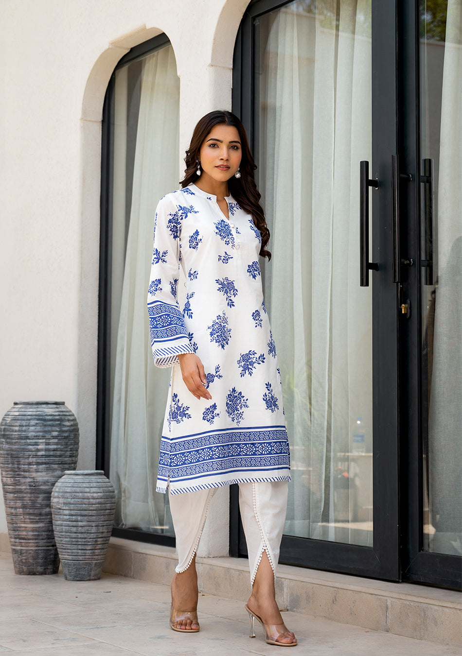 White Floral Printed Straight Kurta With Tulip Pant