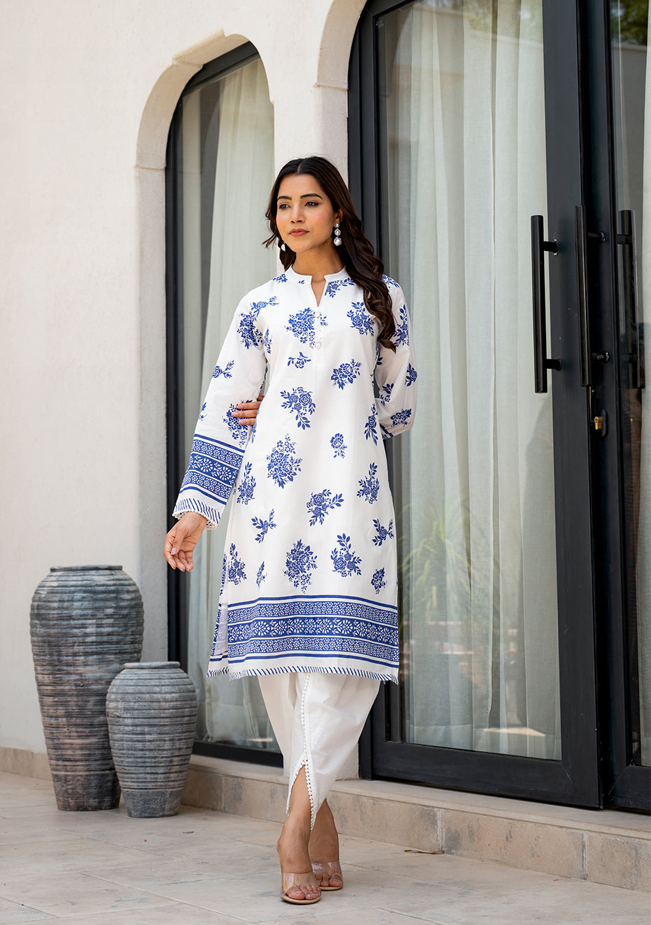 White Floral Printed Straight Kurta With Tulip Pant