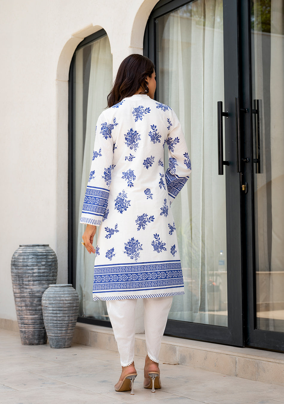 White Floral Printed Straight Kurta With Tulip Pant