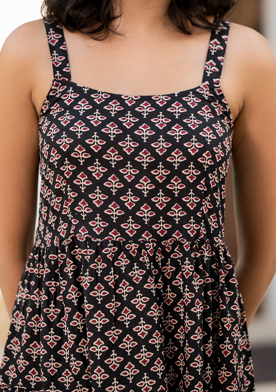 Black Floral Printed Shoulder Strip Long dress
