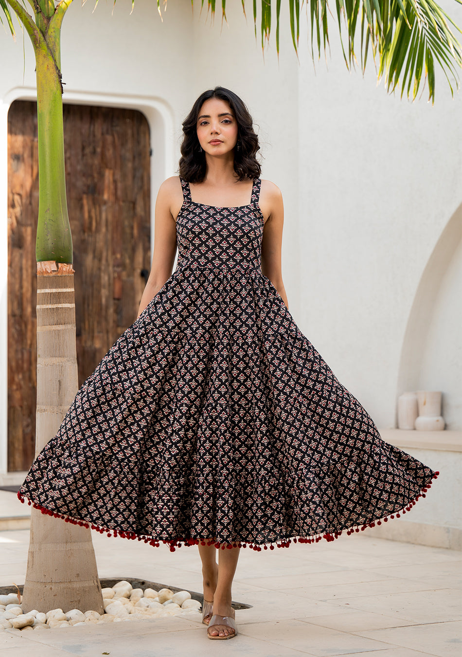 Black Floral Printed Shoulder Strip Long dress