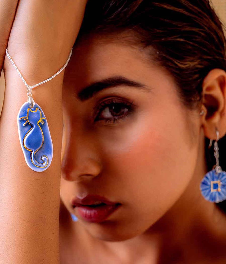Blue Pennywort earring with Whisker Charm Cat Pendant