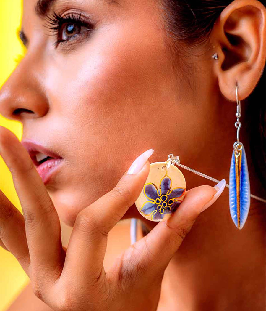 Swiss Cheese Leaf Pendant and Shell Earring Set