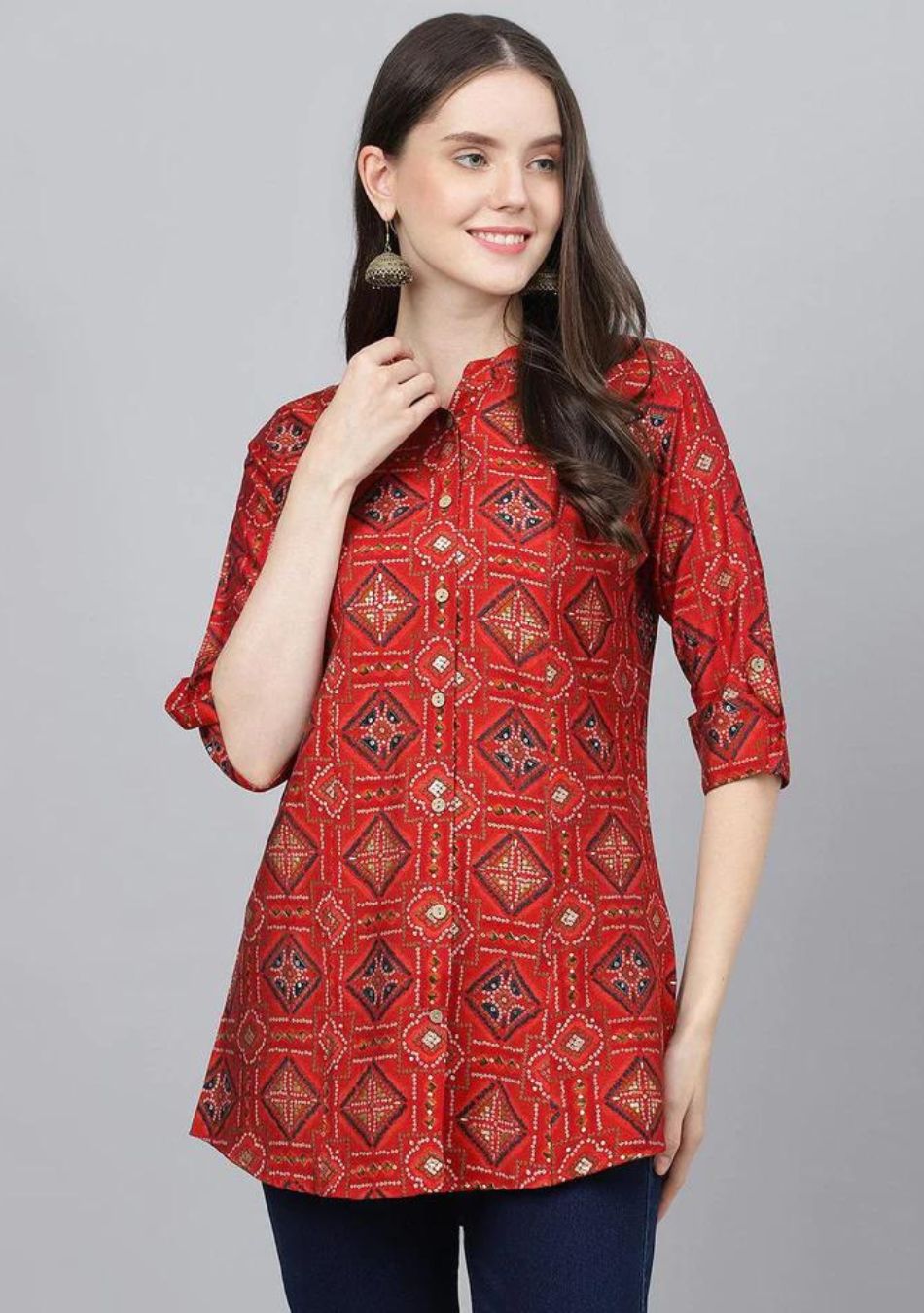 Red Bandhani Printed Modal A-Line Shirts Style Top