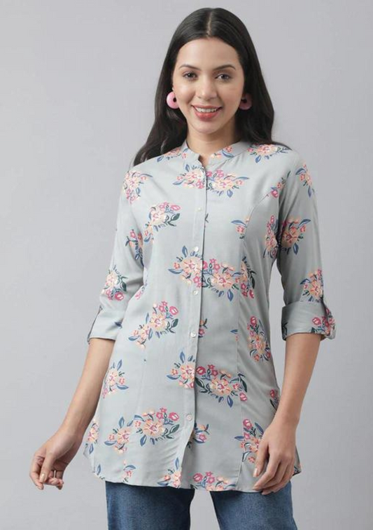 Gray Floral Printed Rayon A-line Shirt Style Top