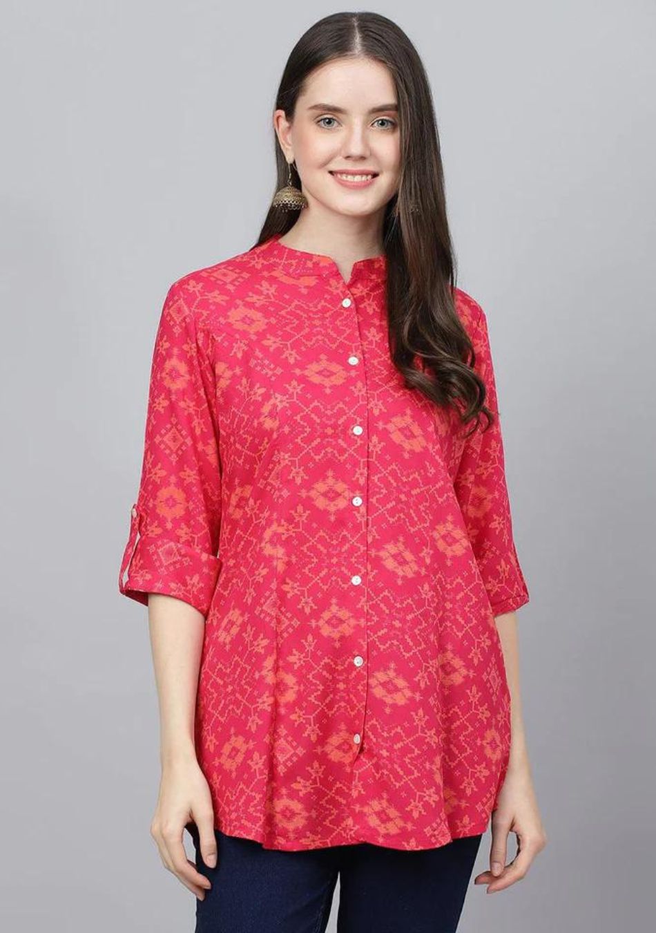 Pink Abstract Printed Rayon A-line Shirts Style Top