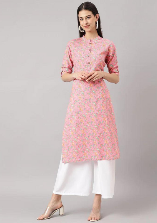 Pink and Green Cotton Katha work Straight Kurta