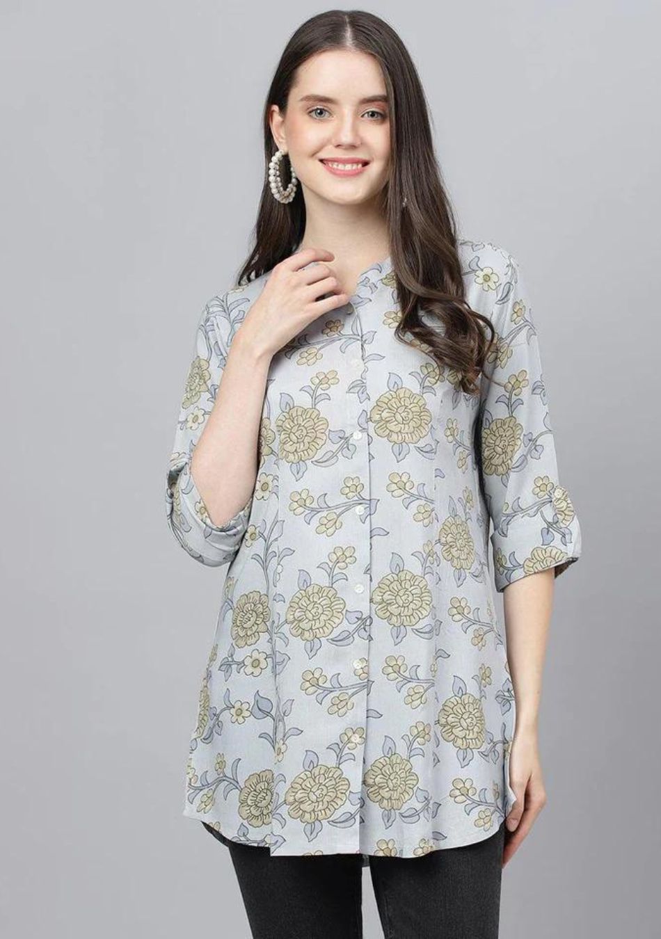 Dusty Blue Floral Printed Rayon A-line Shirts Style Top