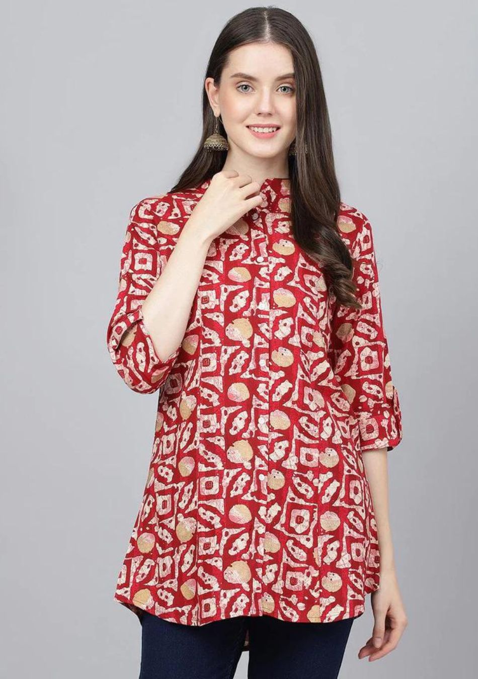 Red Abstract Printed Rayon A-line Shirts Style Top