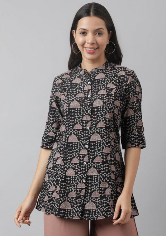 Black Floral Printed Rayon A-line Shirt Style Top