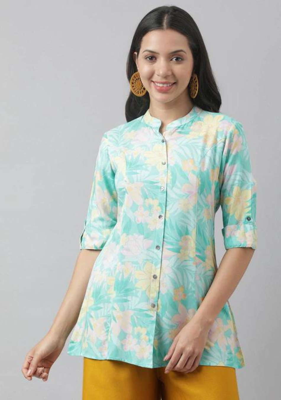 Sea Green Floral Printed Rayon A-line Shirt Style Top