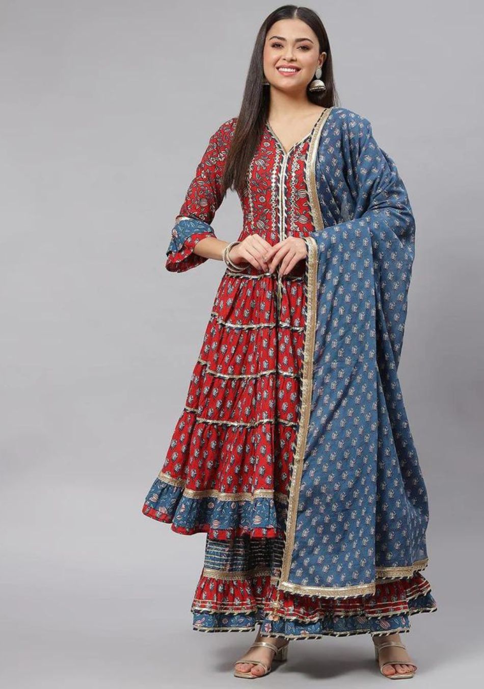 Maroon & Blue Anarkali Kurta Sharara Set with Dupatta