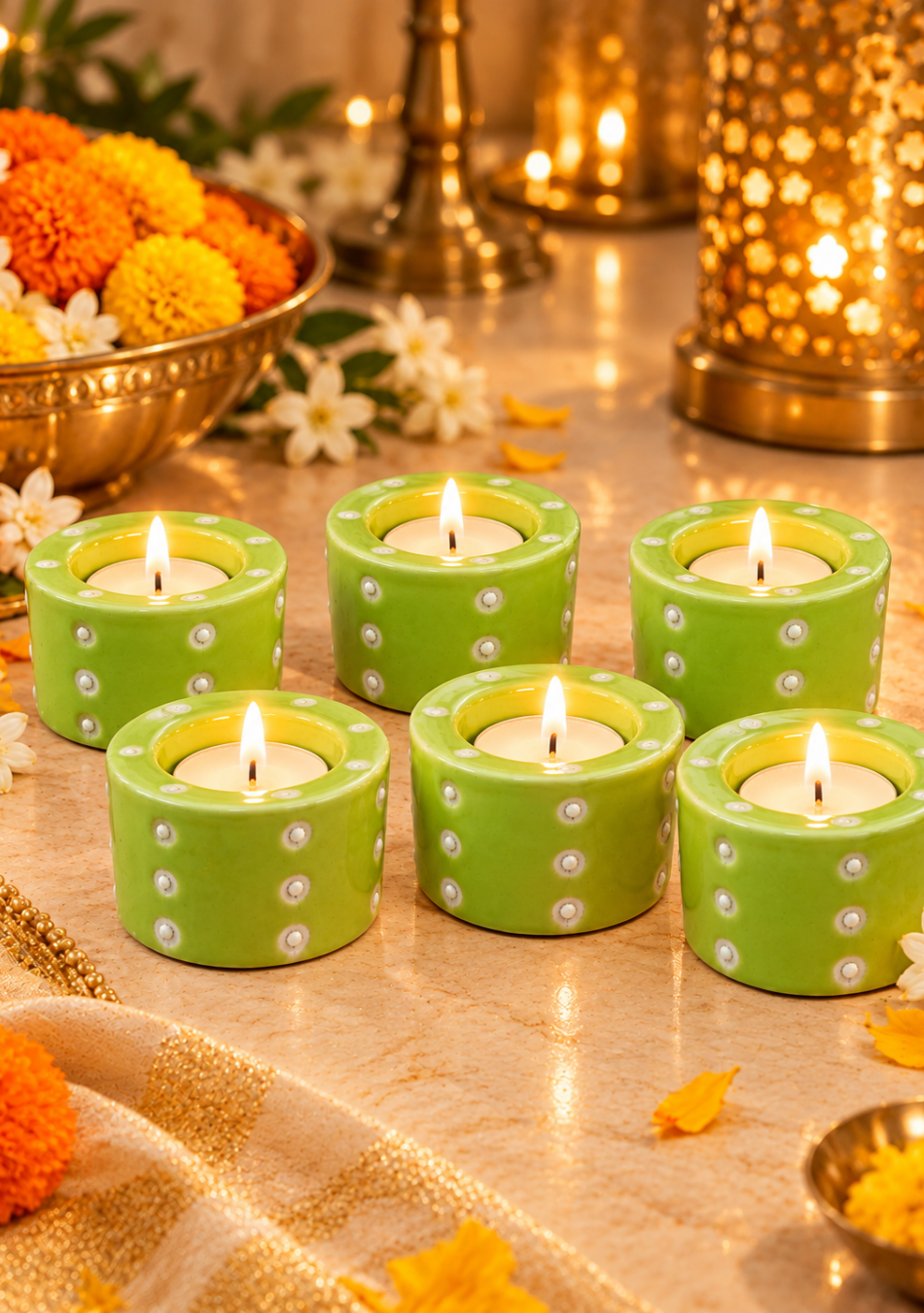 Aravalii Lime Glow Handcrafted Ceramic Tealight Holder Set of 6