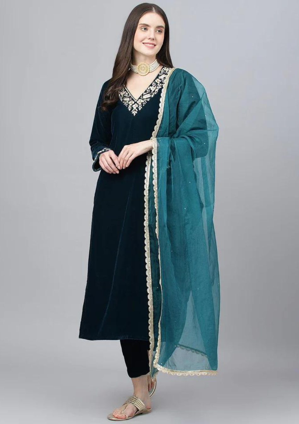 Teal Green Velvet Hand-Work Kurta and Pant Set with Organza Dupatta
