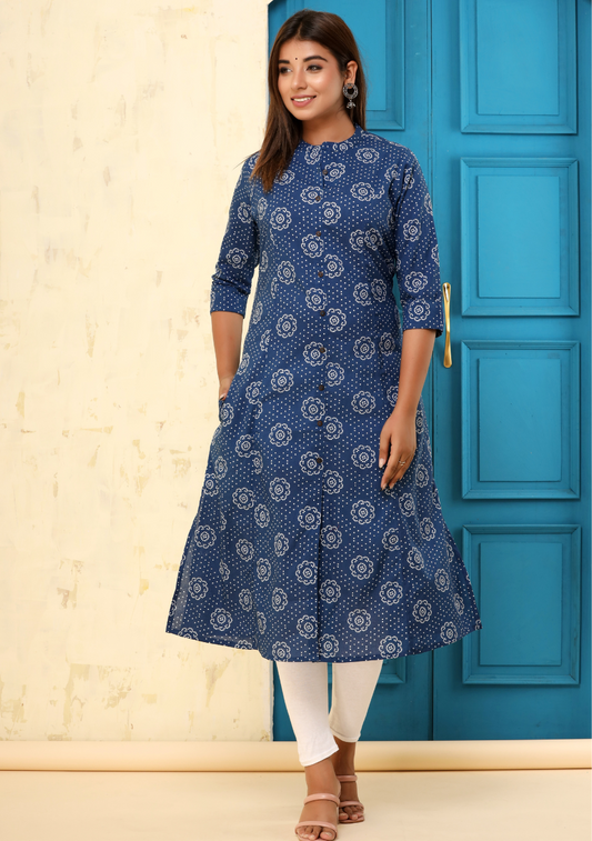 Dark Blue Print A-Line Kurta