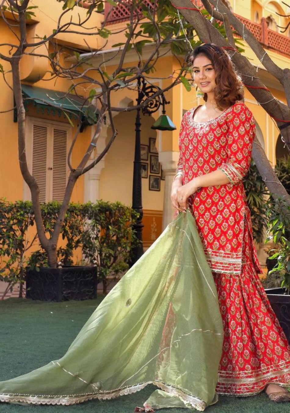 Red Cotton Dabu Printed Kurta Sharara Set with Kota Doria Dupatta
