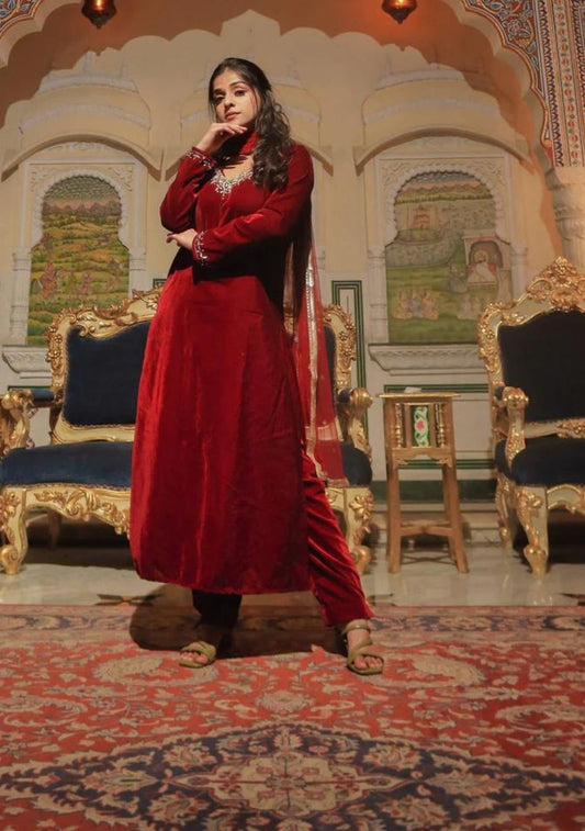 Maroon Velvet Hand Work Kurta Pant With Net Dupatta Set