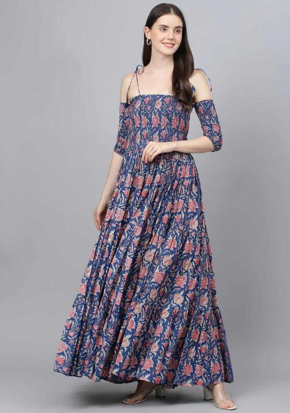 Blue Floral Printed Shoulder Strips Flared Long Dress