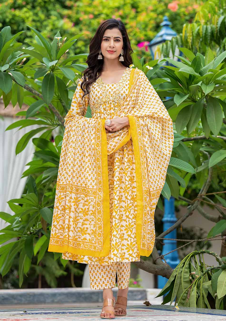 White And Yellow Floral Anarkali Kurta Pant Set With Dupatta